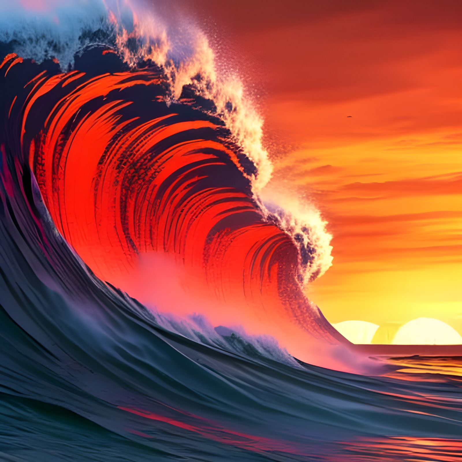 Sparkling Giant Tsunami Against Sunset: Detailed Ink Drawing