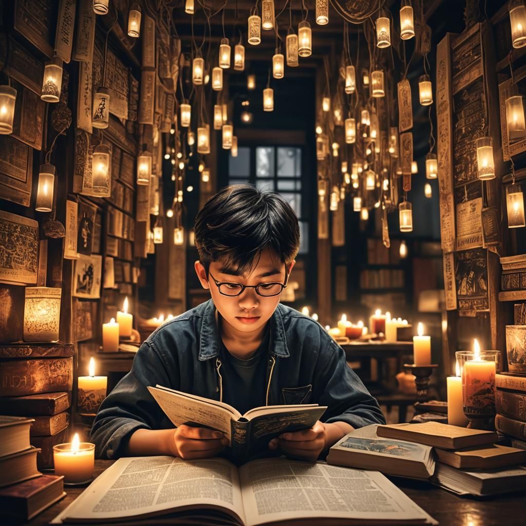 Asian Youth Reads by Candlelight in 4K