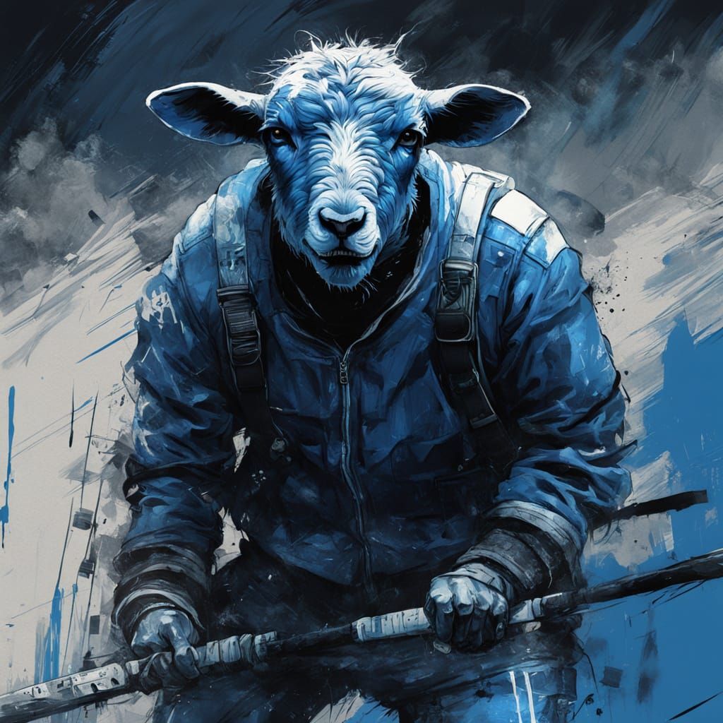 Distressed Lamb Tennis Player in Blue Grunge Style