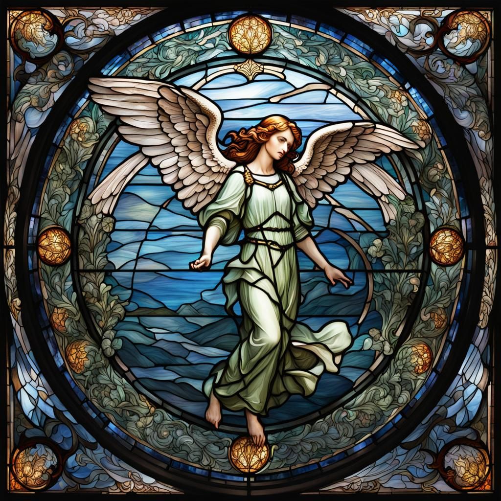 Angel Escaping Stained-Glass in Mucha Style