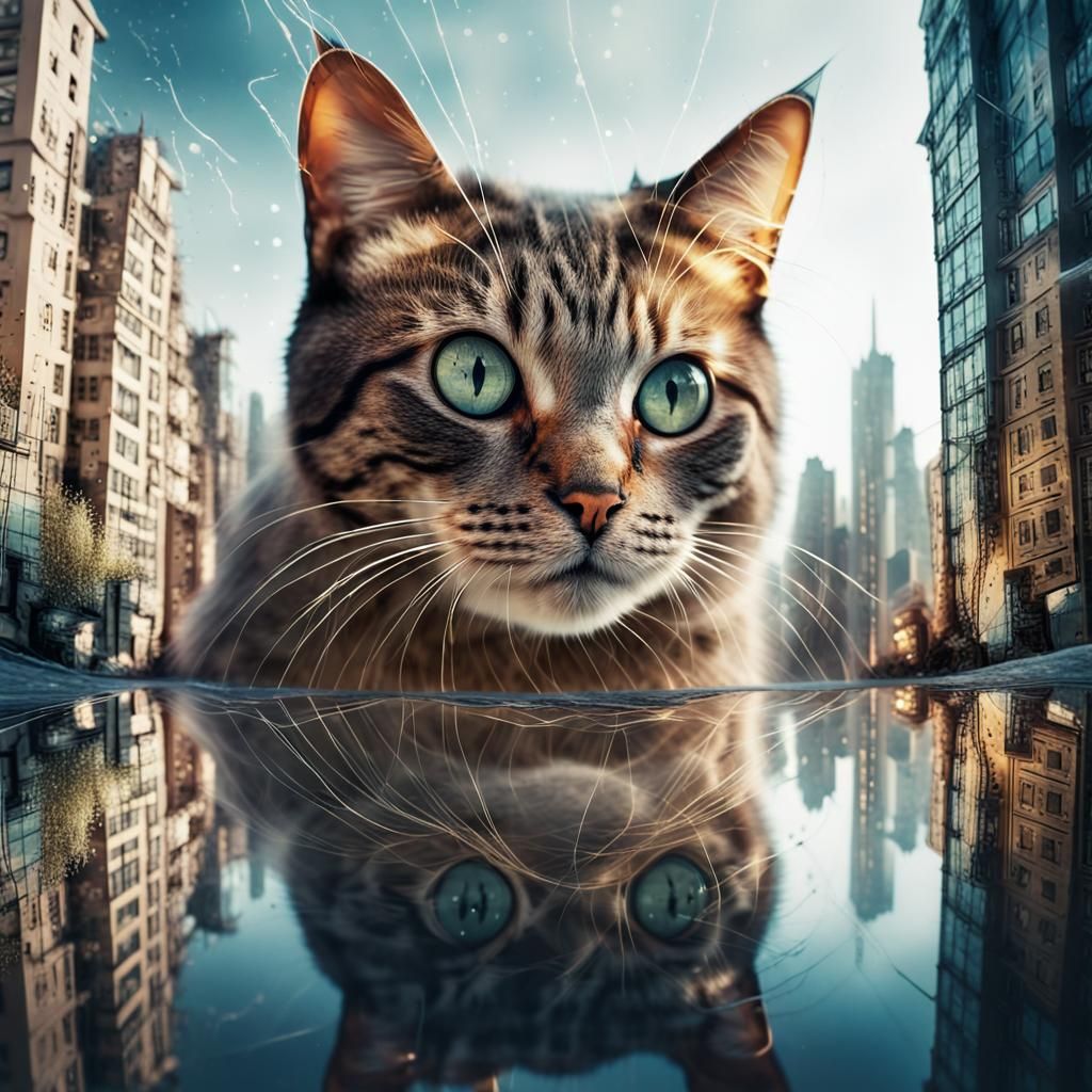 Cat Reflecting Cityscape in Double Exposure Photography