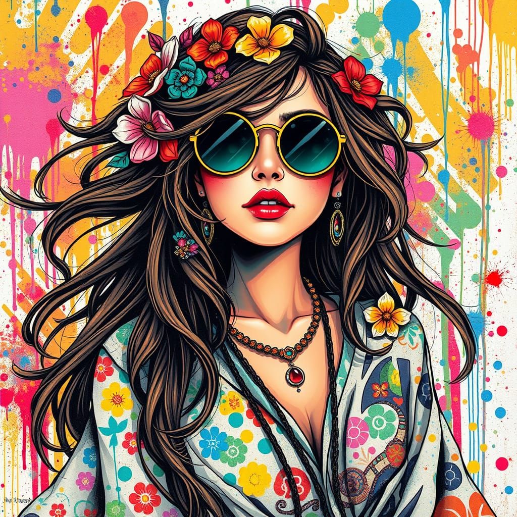 Free-Spirited Bohemian Goddess in Vibrant Graffiti Style