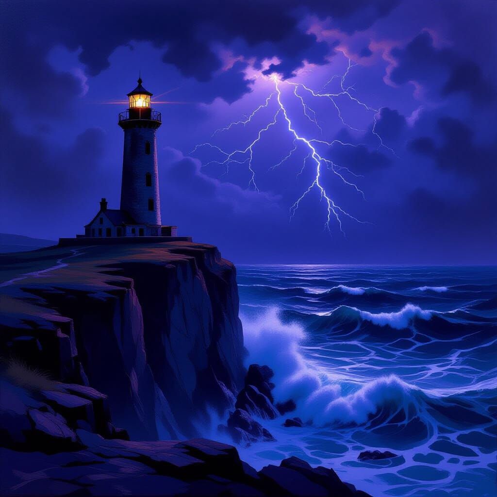 Ancient Lighthouse on Jagged Cliff Overlooking Stormy Sea