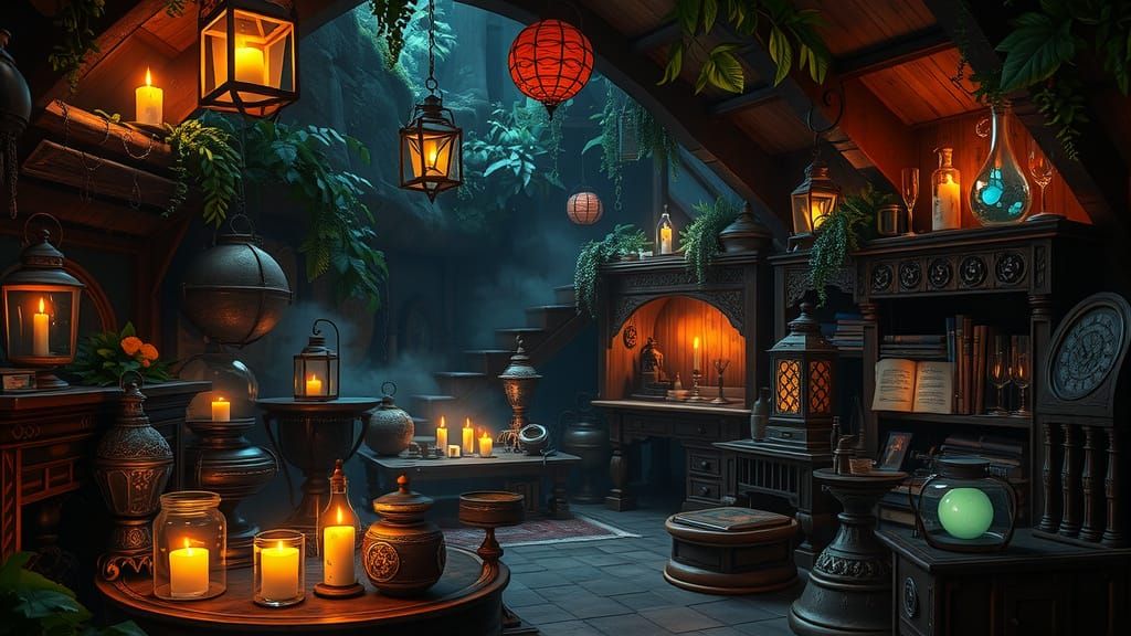 Mystical Alchemist's Lair in Deep, Rich Color