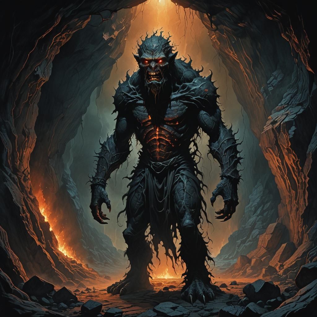 Gaunt Monster in Desolate Cave, Dark Fantasy Illustration