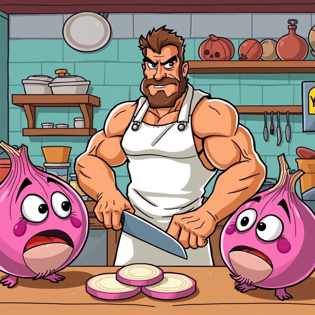Cartoon Chuck Norris Slices Crying Onions
