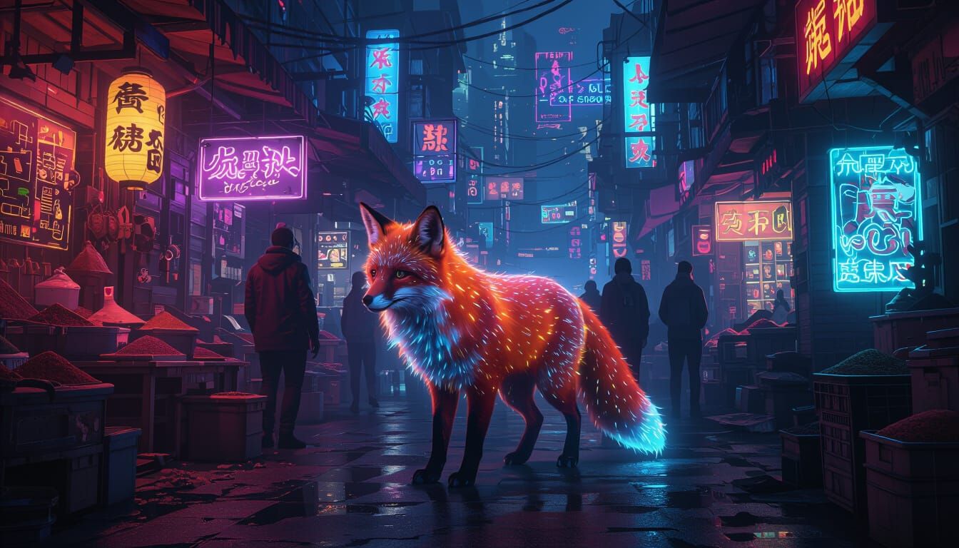 Bioluminescent Fox in Cyberpunk Marketplace Concept Art