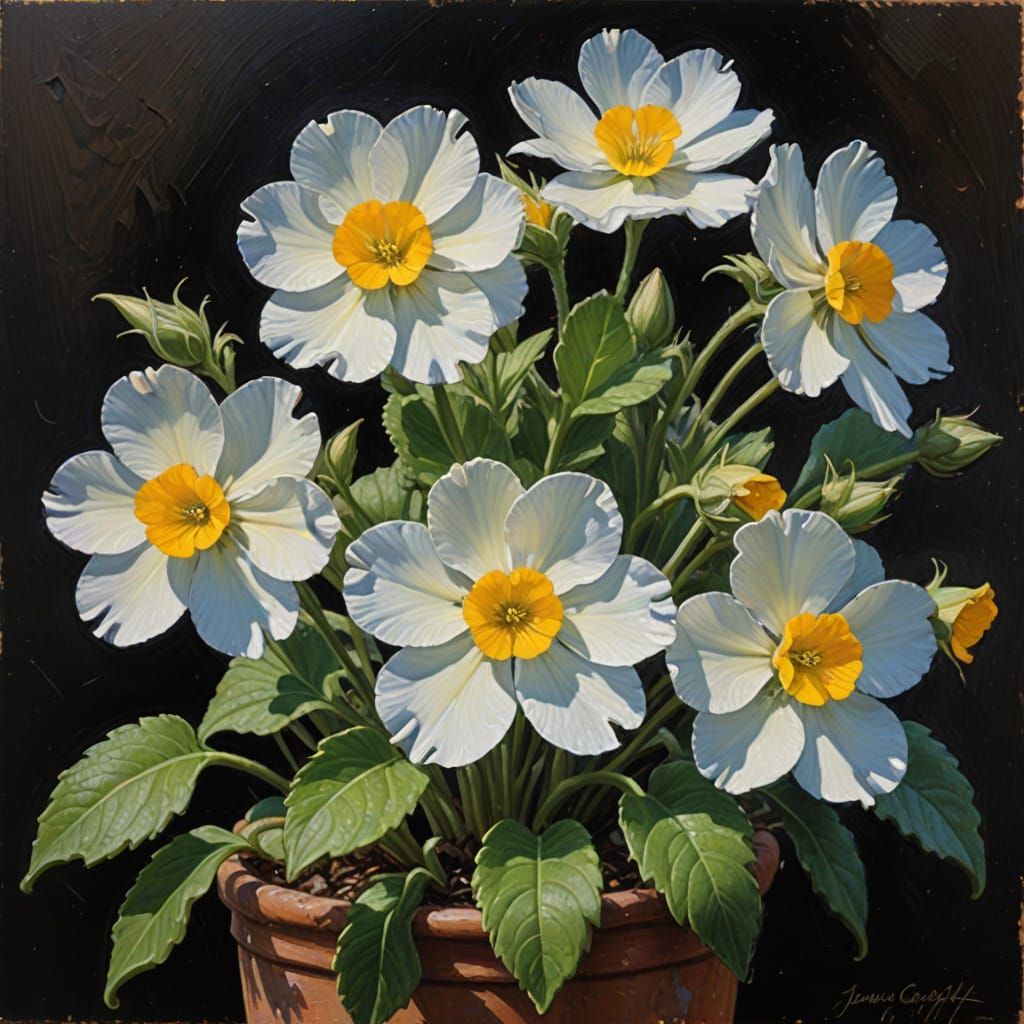 Vibrant Primrose Blooms in a Warm Oil Painting