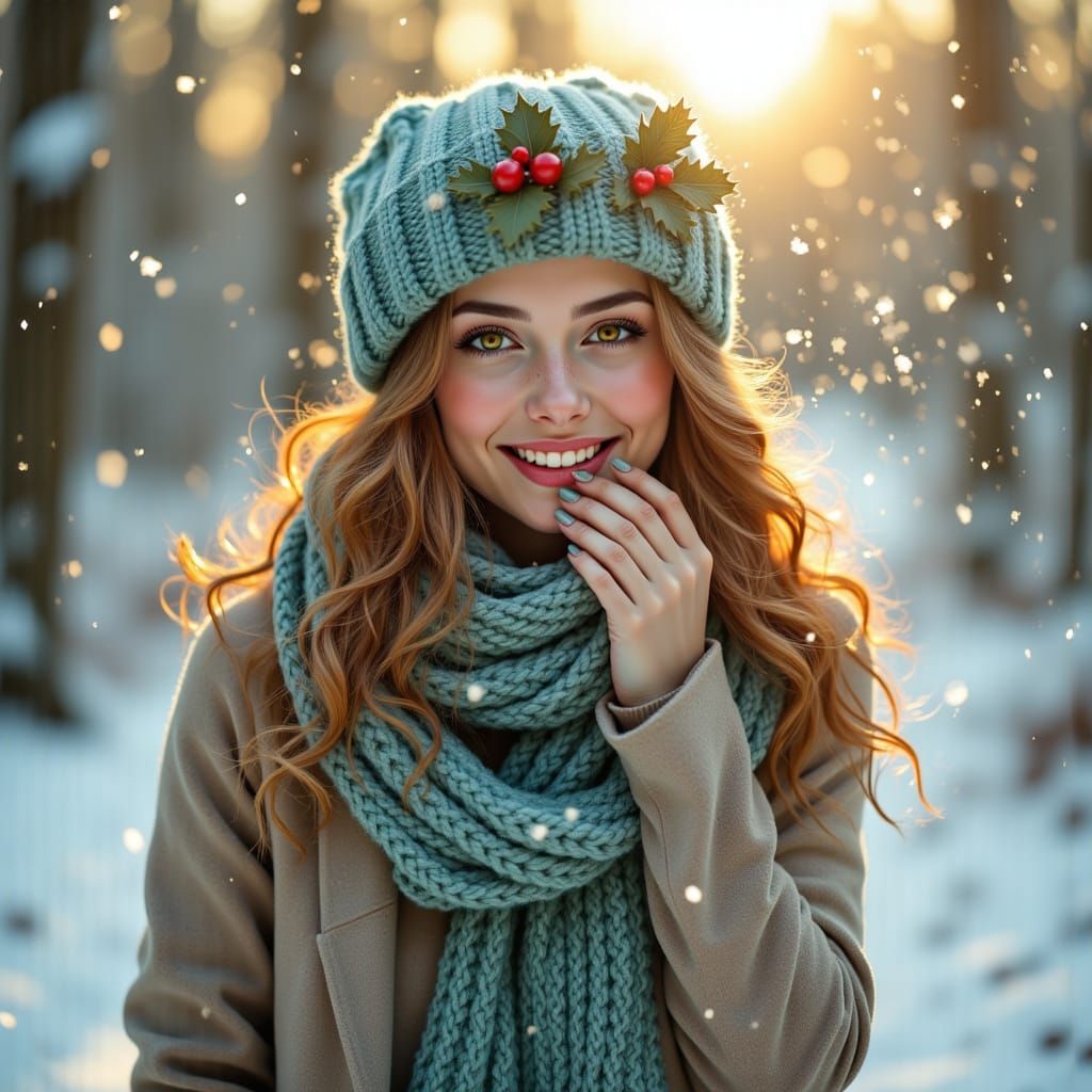 Woman in Snowy Garden with Teal Hat and Scarf