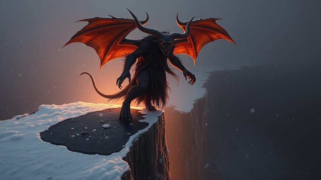 Demon's Descent: A Gothic Nightmare on Snowy Cliff
