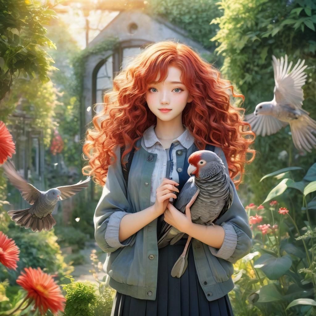 Anime Woman with Bird in Garden