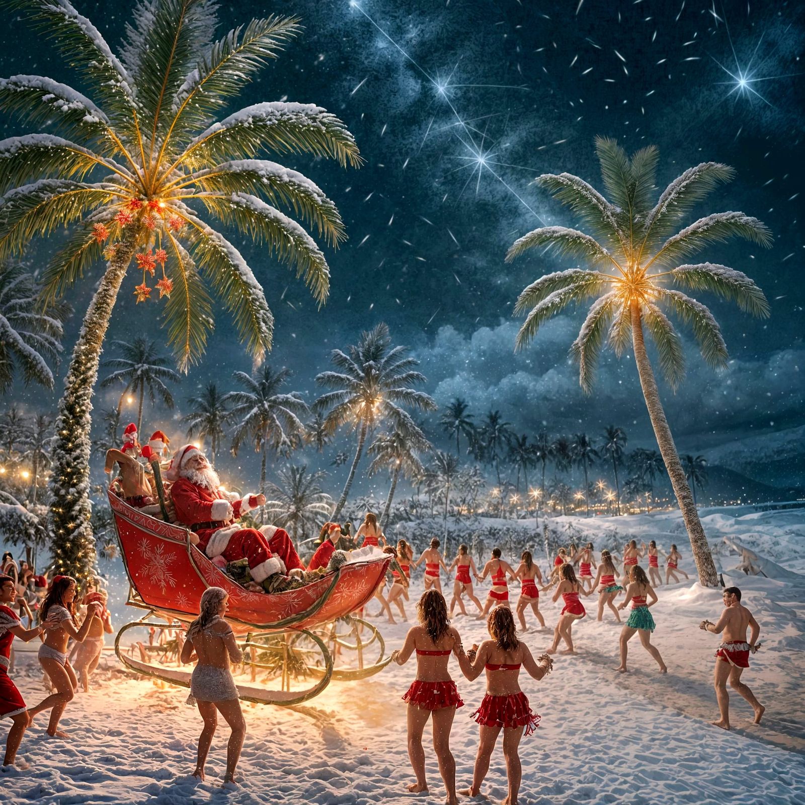 Winter Wonderland Merrymaking on Tropical Beach at Night
