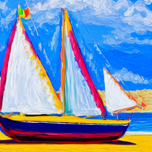 Vibrant Boat in a Calm Sea, in Naive Art Style