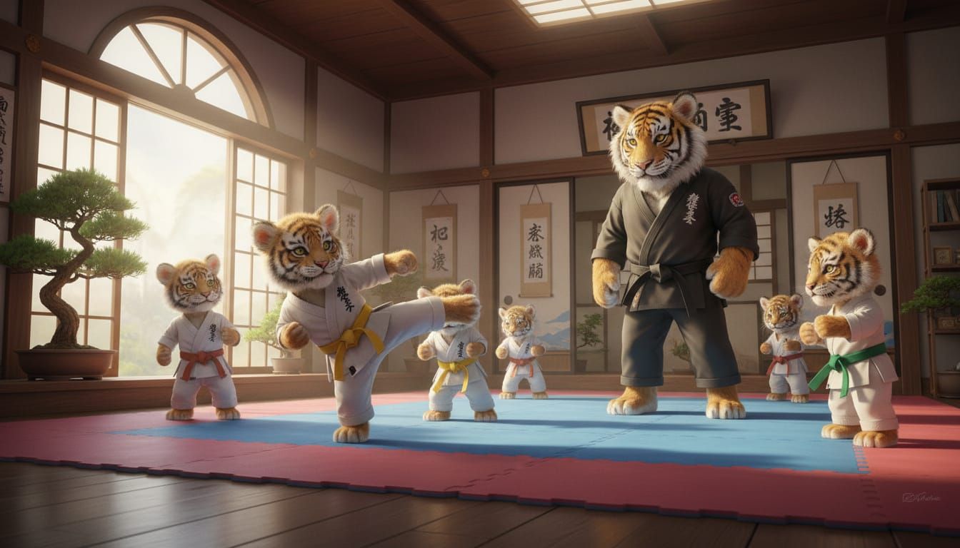 Tiger Cubs Train Karate in Bright Dojo with Master
