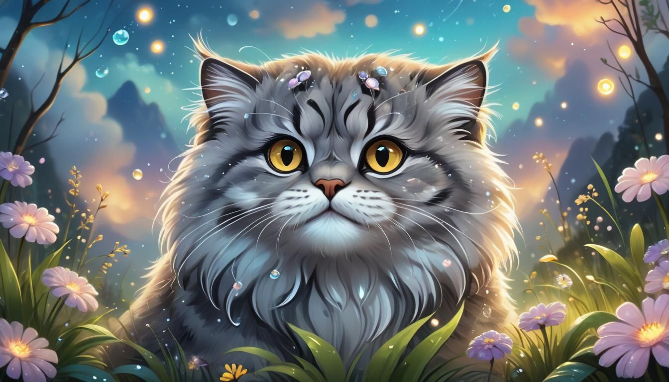 Dreamlike Manul Cat and Floral Bird Fantasy Art