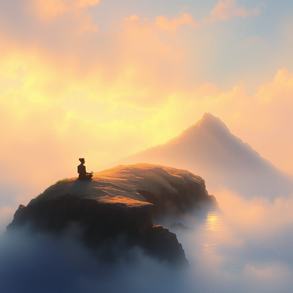 Figure Meditating on Serene Island in Golden Light