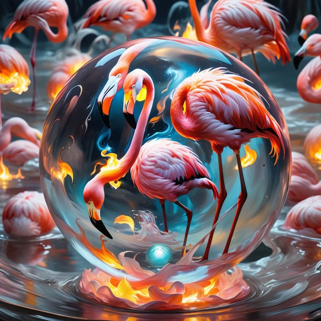 Flamingo and Orb in Surreal Oil Painting