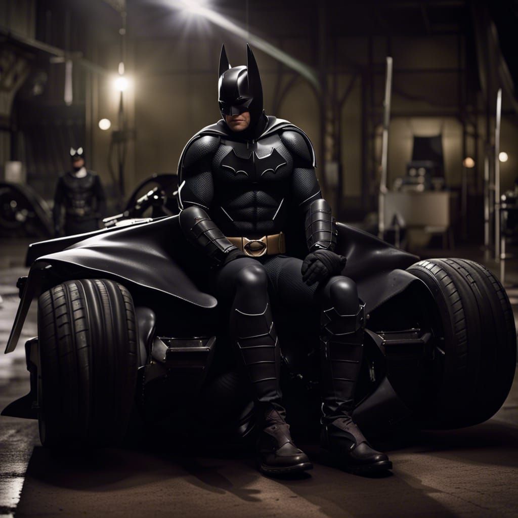 The dark night getting ready for battle waiting beside his bat mobile