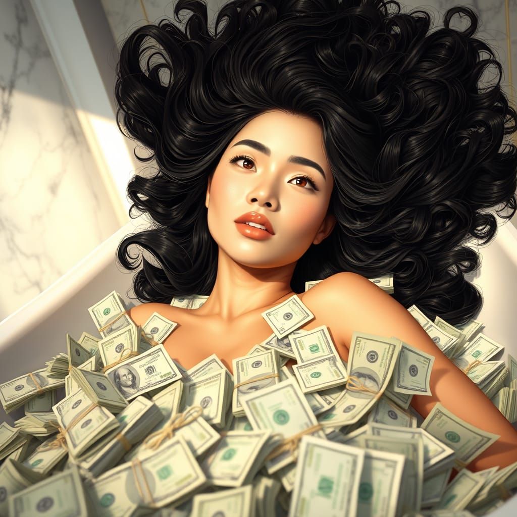 Realistic Digital Painting of Asian Woman in Luxurious Bath ...