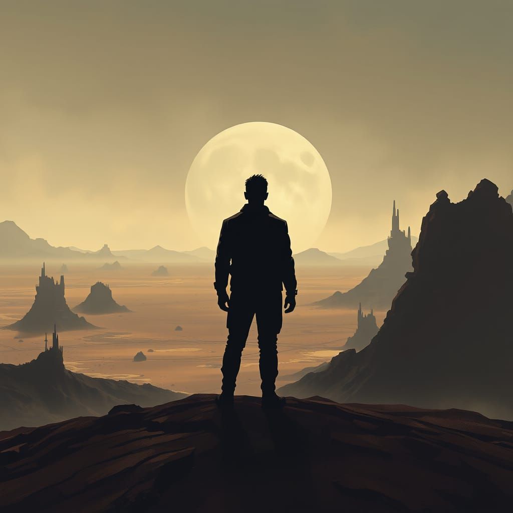 Men in Black Silhouetted Against Alien Landscape in Propagan...