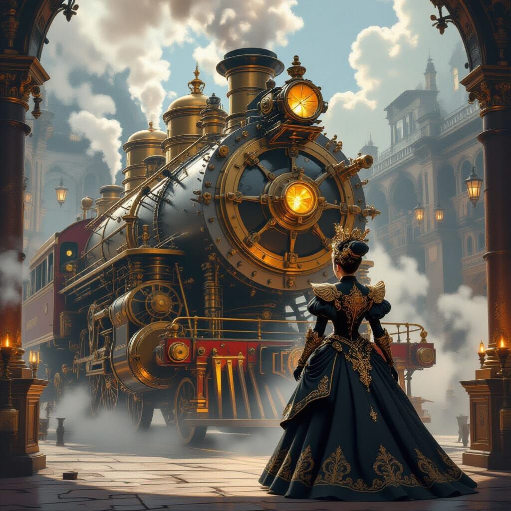 Steampunk Queen Before Giant Engine