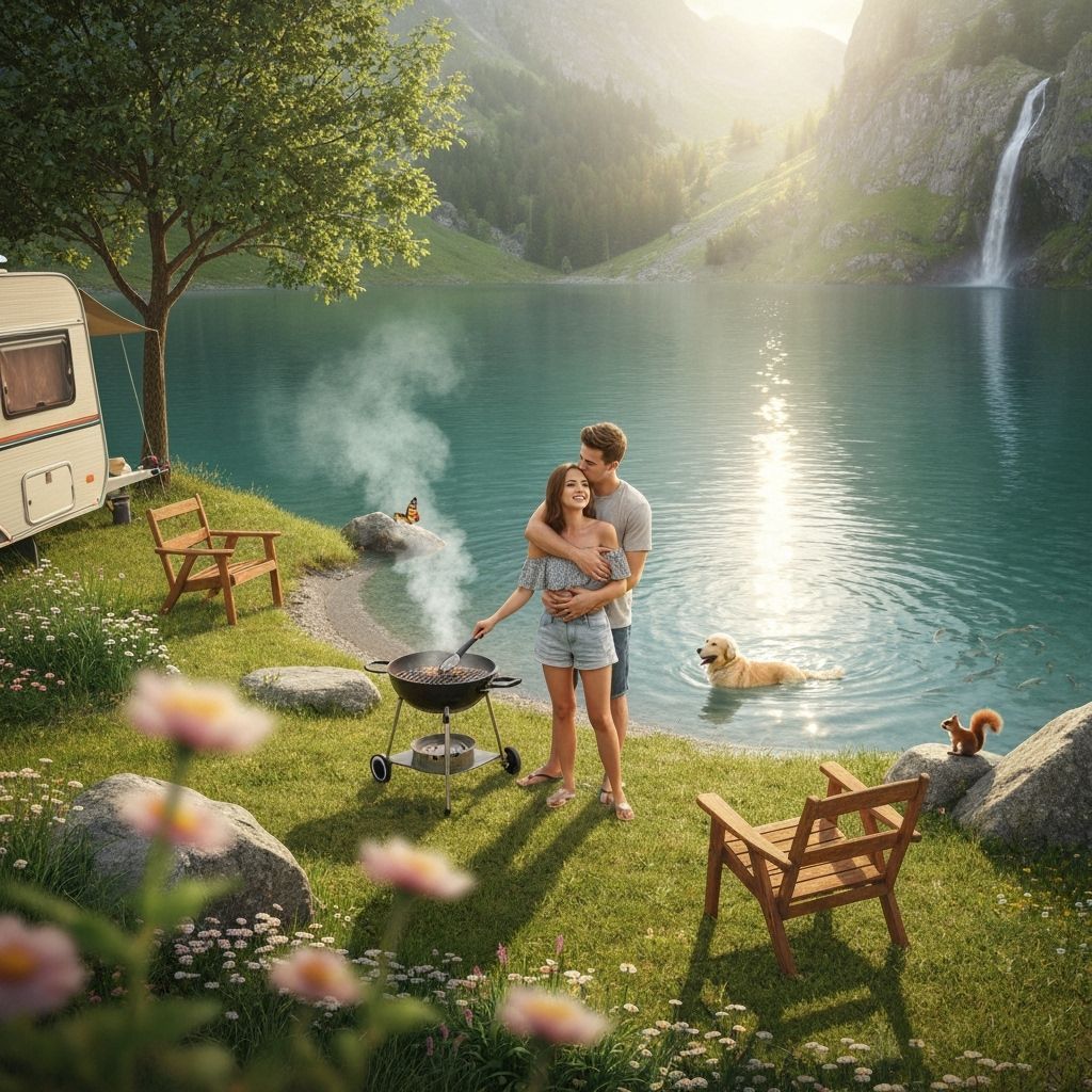 Couple Camping by Serene Mountain Lake at Sunrise