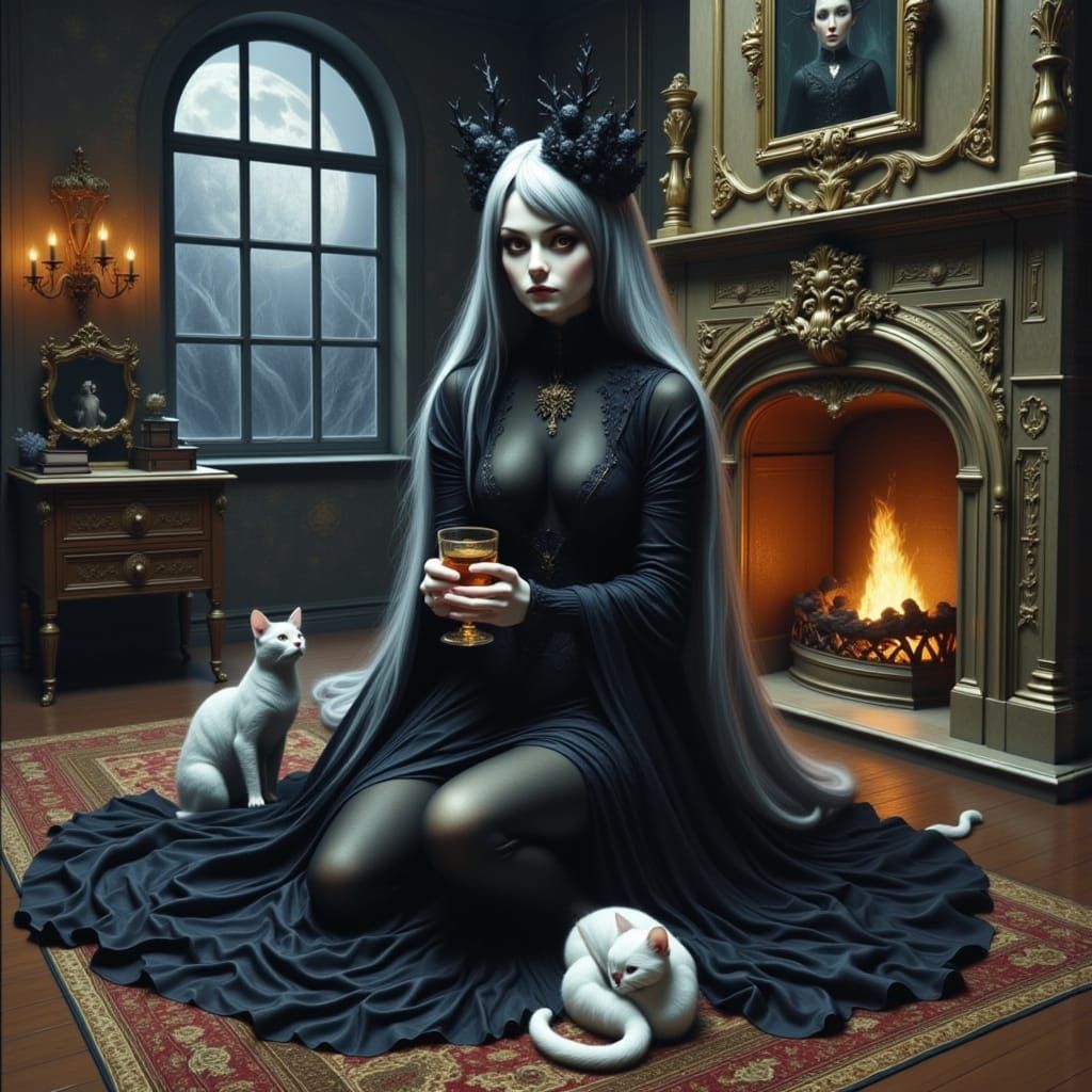 Surreal Midnight Scene with Silver-Haired Woman