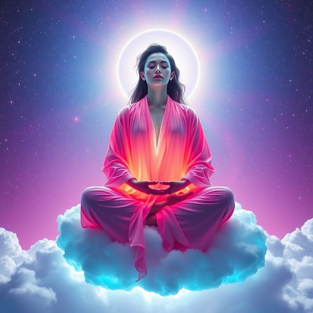 Radiant Woman Meditating on Cloud in Starry Sky