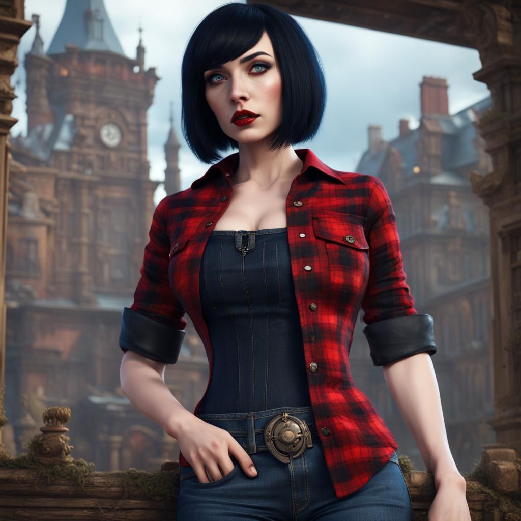 Gothic Woman in Red Plaid Shirt: Fantasy Art