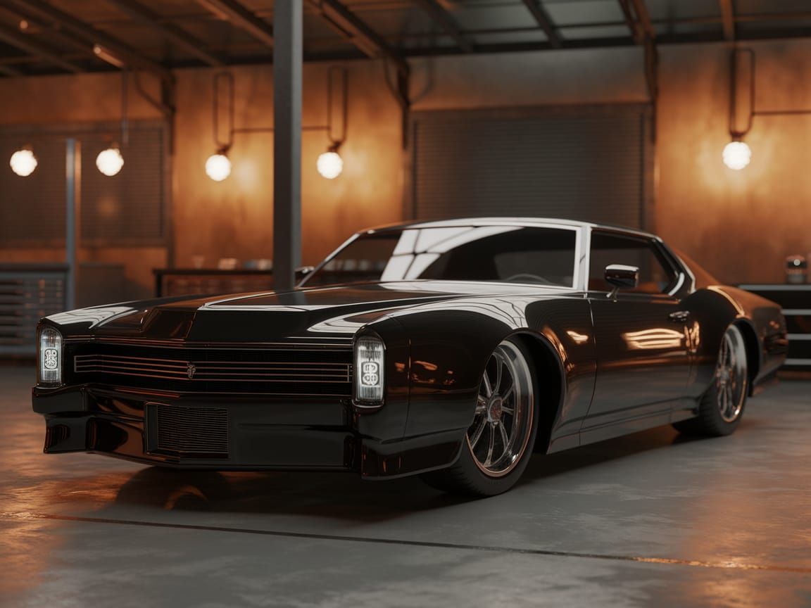 Black Restomod Coupe Gleaming in Retro-Futuristic Garage