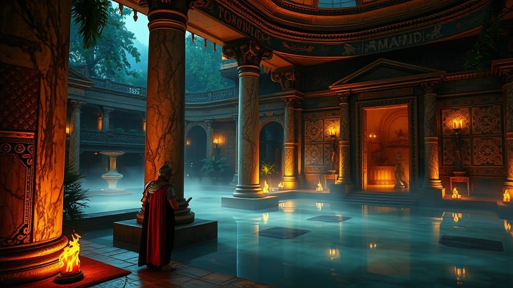 Roman Warrior in Ancient Mystic Baths Illuminated by Warm To...