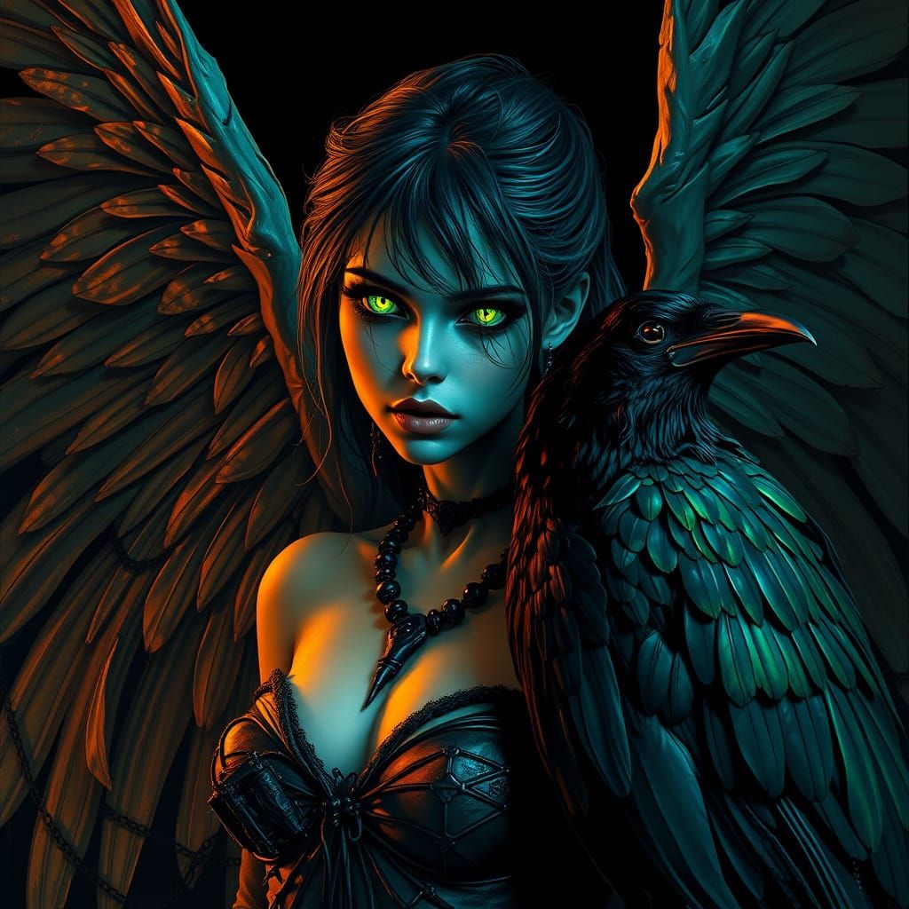 Dark Angel with Raven in Surreal Gothic Style