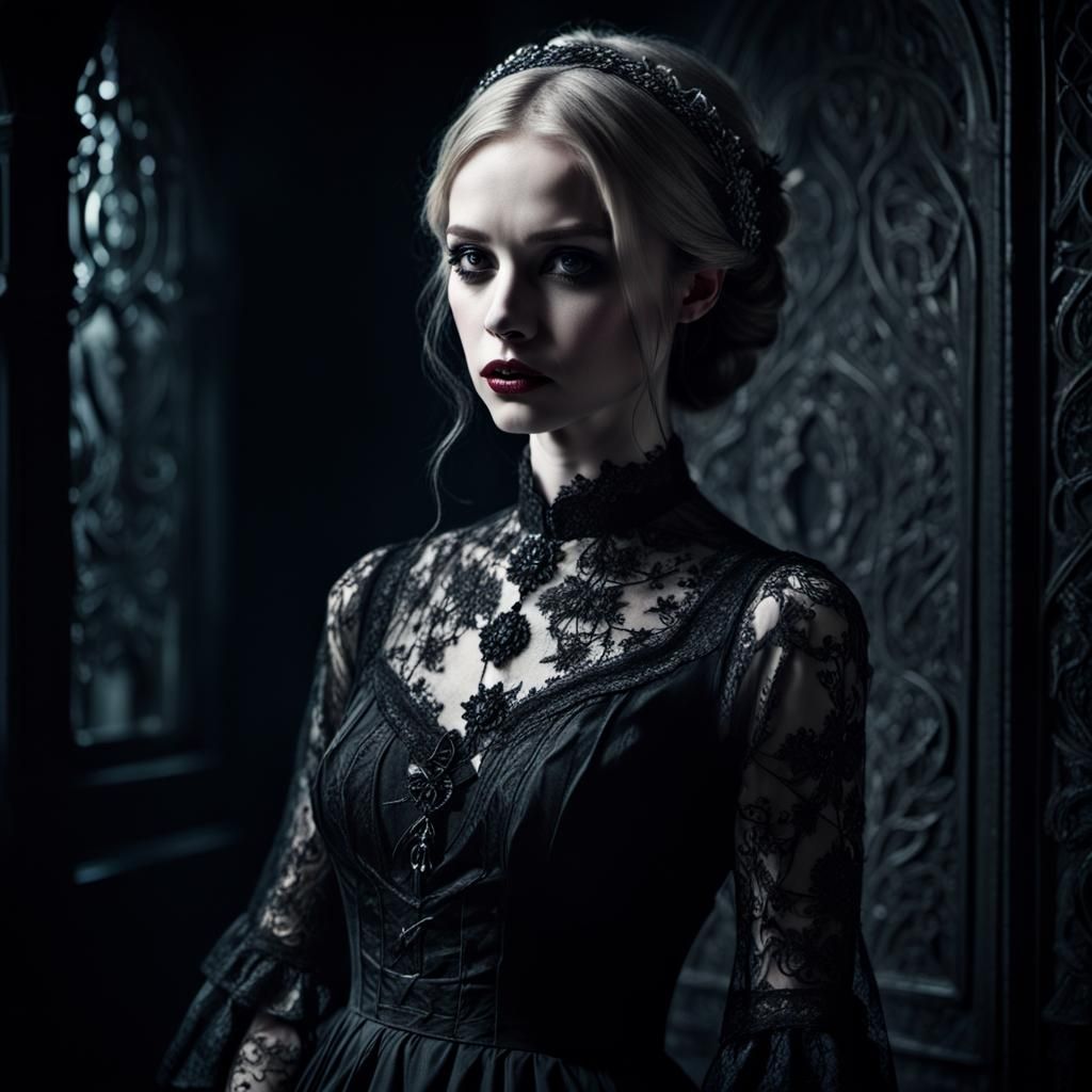 Mysterious Beauty in Lace Dress: Dark Fantasy Art