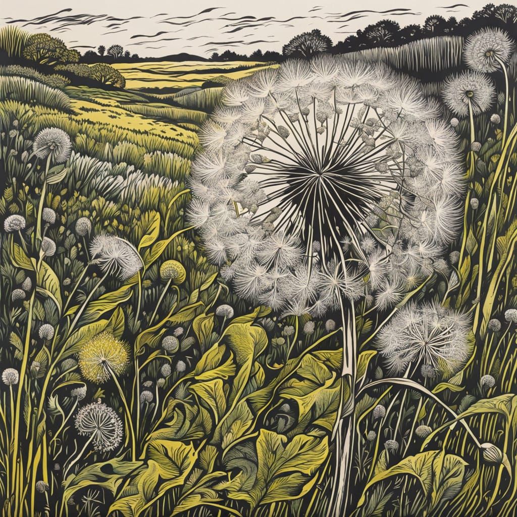 Whimsical Dandelion Blooms in Delicate Linocut Style