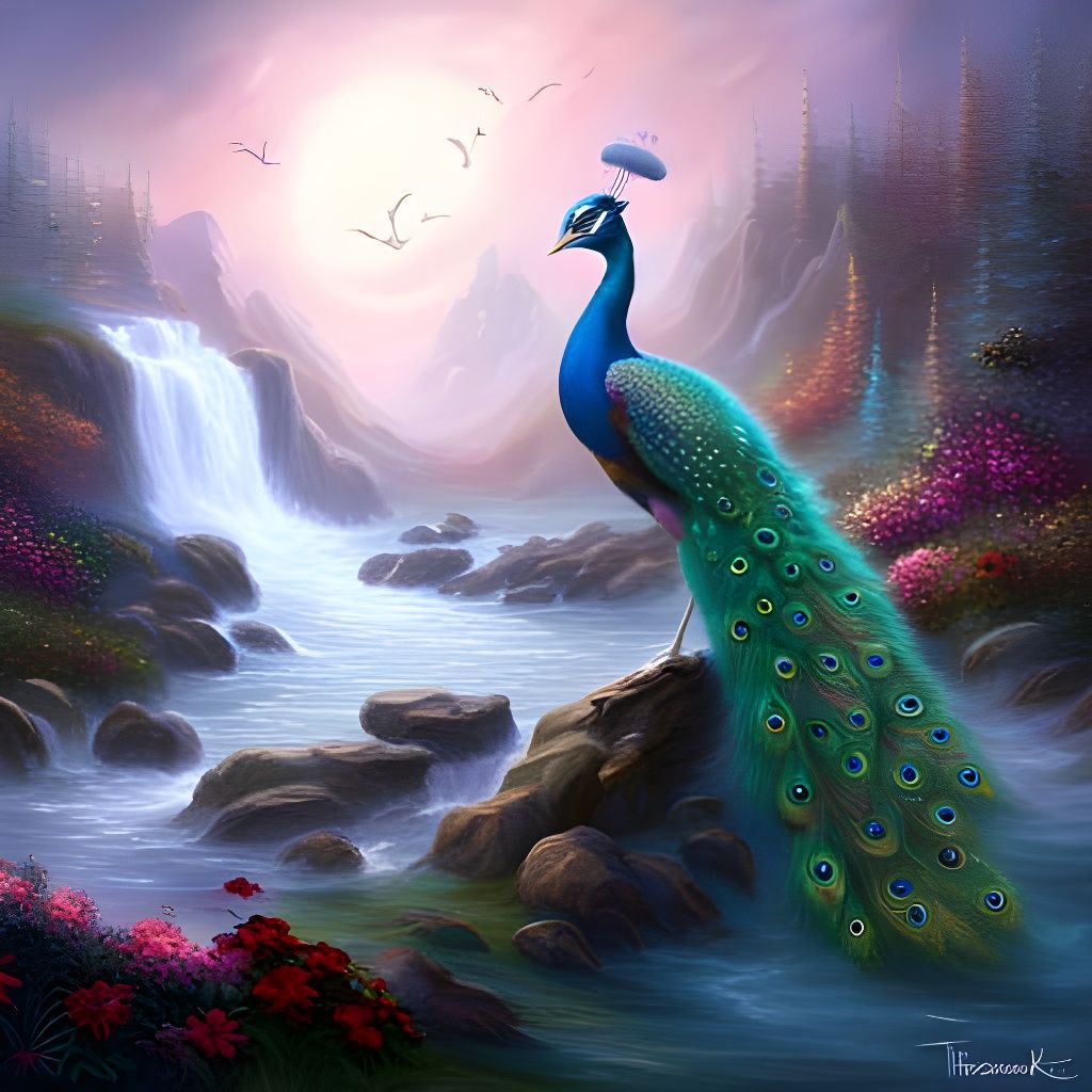 Beautiful Peacock with Detailed Feathers in Matte Painting S...