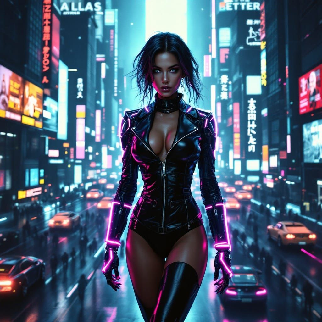 Cyberpunk Woman in Futuristic Cityscape