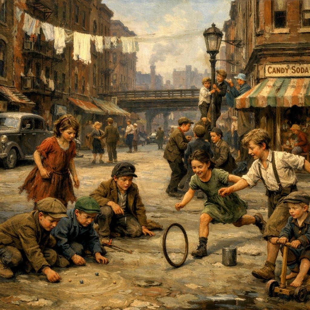 1930s NYC Children Play in Street, Ashcan School Style