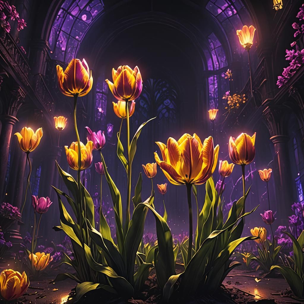 Illuminated Tulip in Gothic Fantasy Chamber