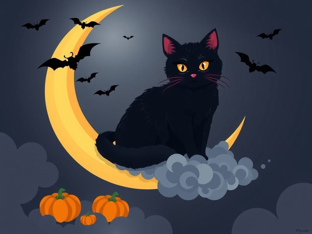 A mystical black cat sitting on a floating crescent moon, gl...