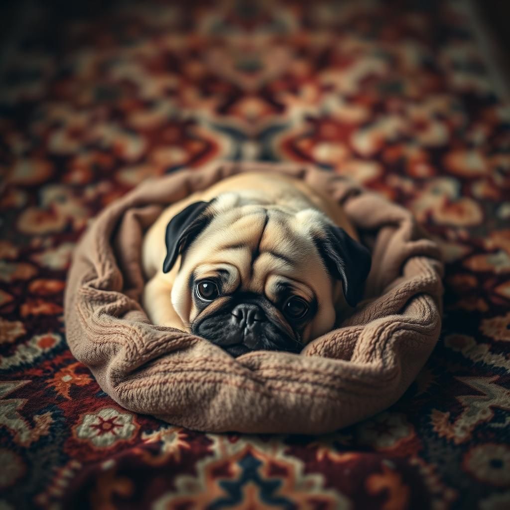 Hyperrealistic Pugtato Snuggled on Plush Rug