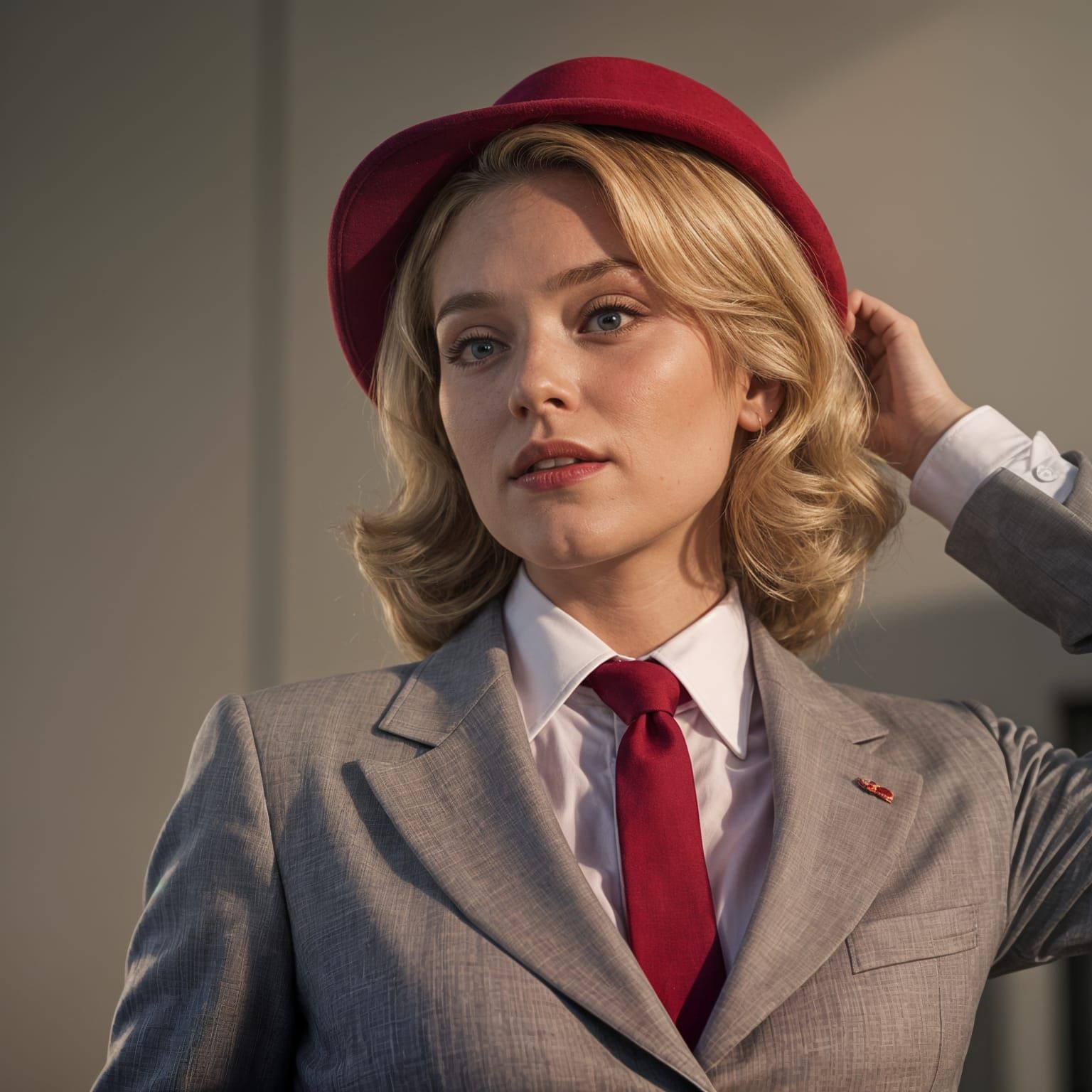 Woman in Suit Tipping Hat at Sunset