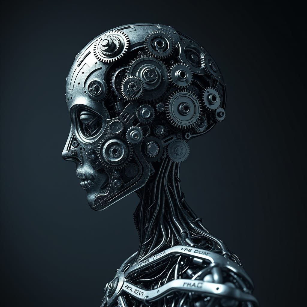 Biomechanical Metal Sculpture in Dark Futuristic Atmosphere