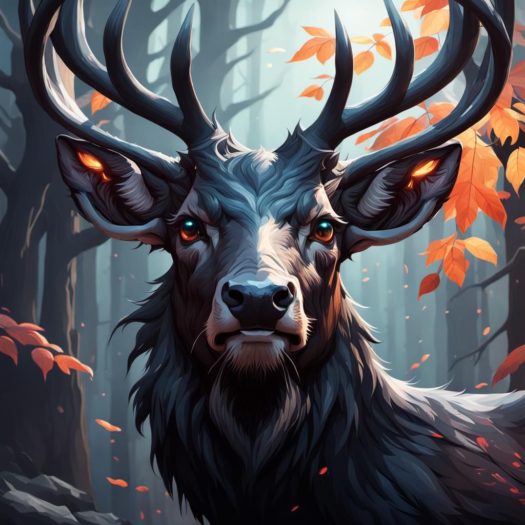 Fanged Black Deer Portrait in Hyperdetailed Style
