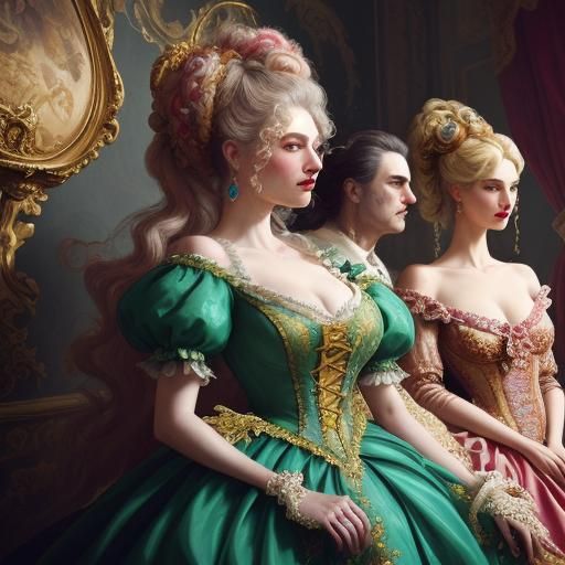 A Rococo carnival high fashion spirits of the period, wigs a...