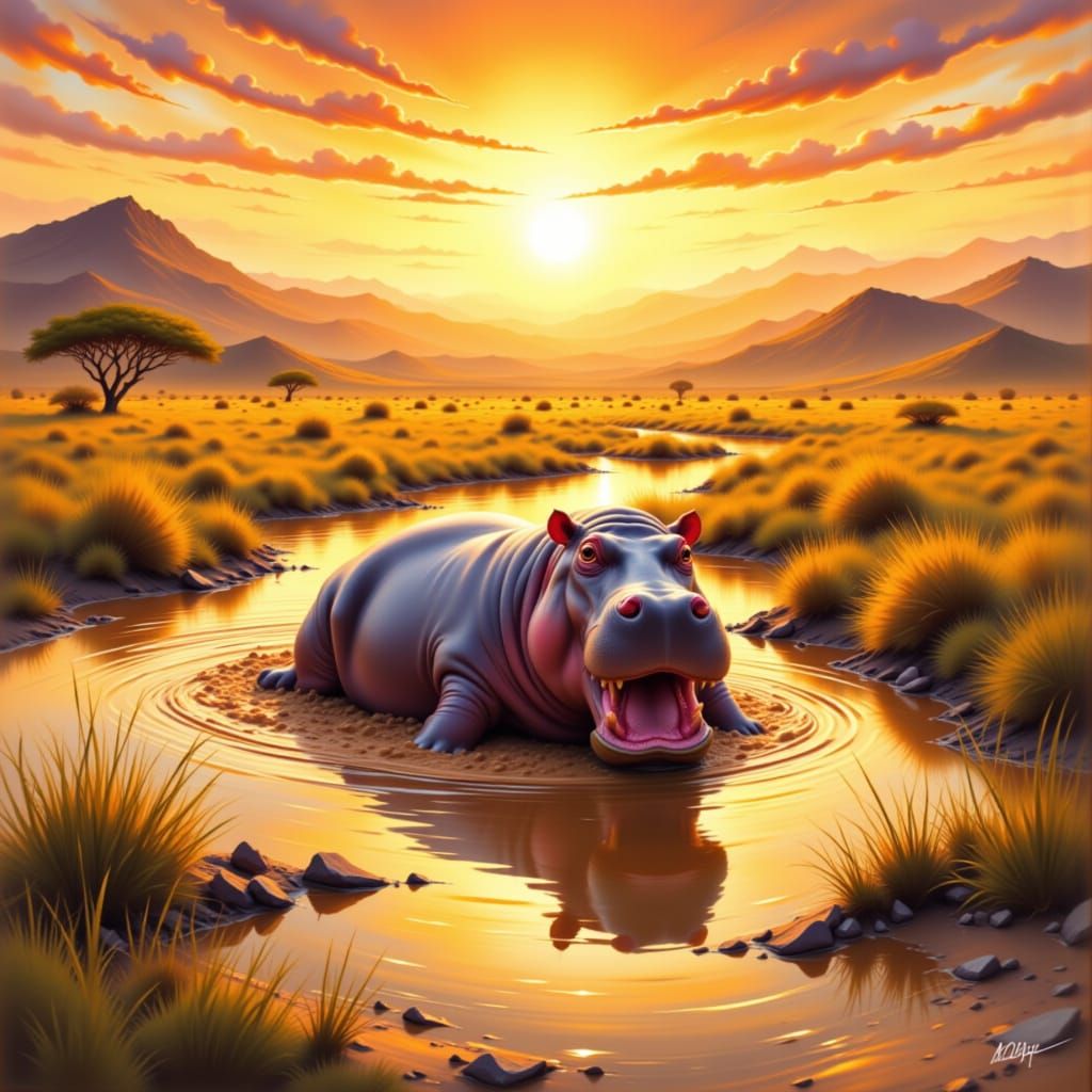 Whimsical Hippo's Mud Bath at Sunset