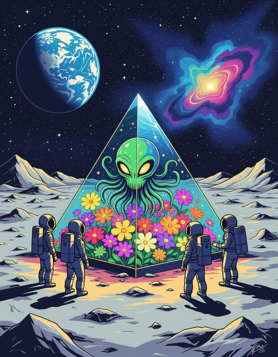 Astronauts Discover Alien Flowers on Moon in Cubist Style