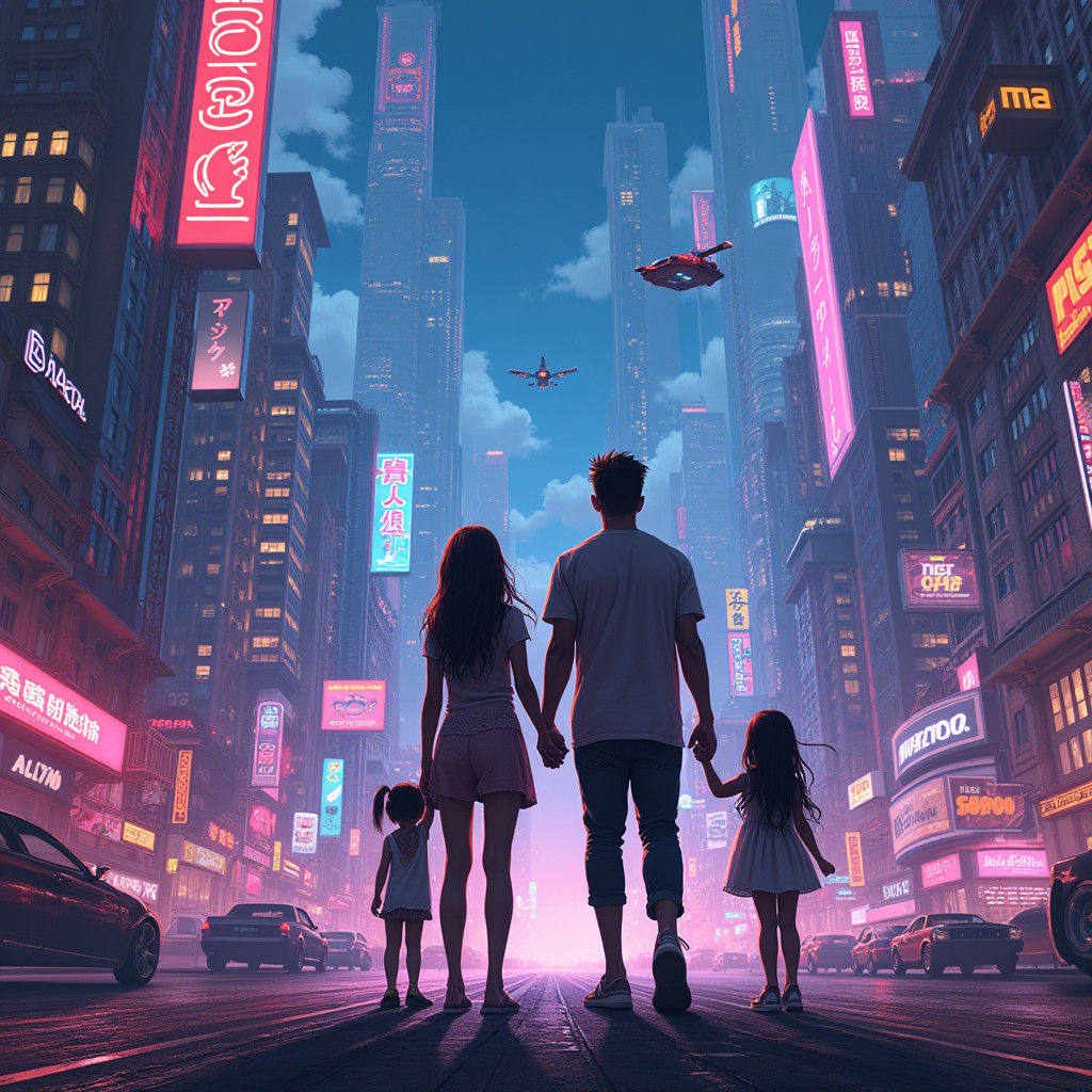 90s Anime Couple and Daughters in Cyberpunk Cityscape