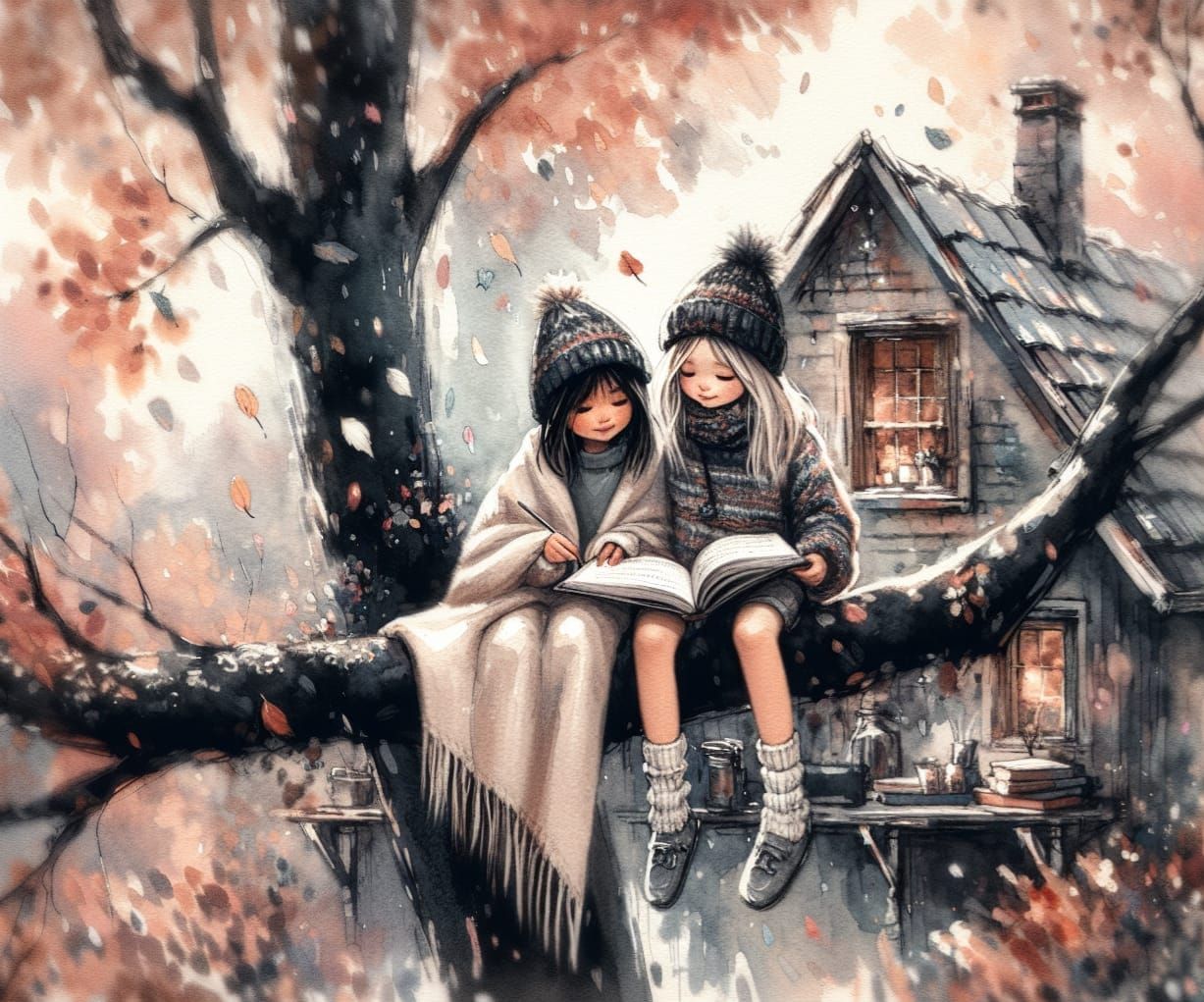 Girls Studying on Tree Branch in Watercolor Style