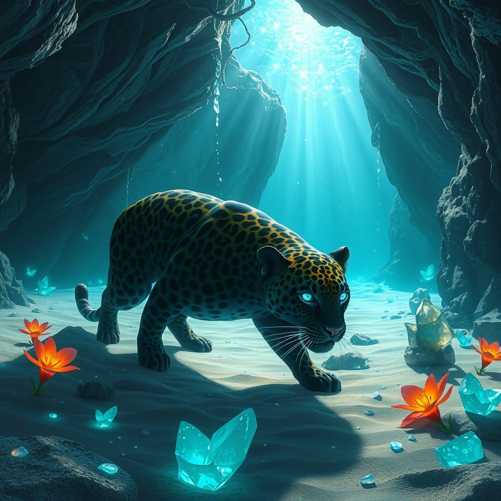 Bioluminescent Jaguar in Underwater Grotto
