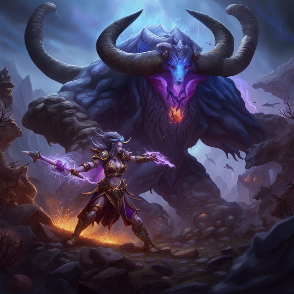 Draenei Shaman Battles Creature on Epic Battlefield